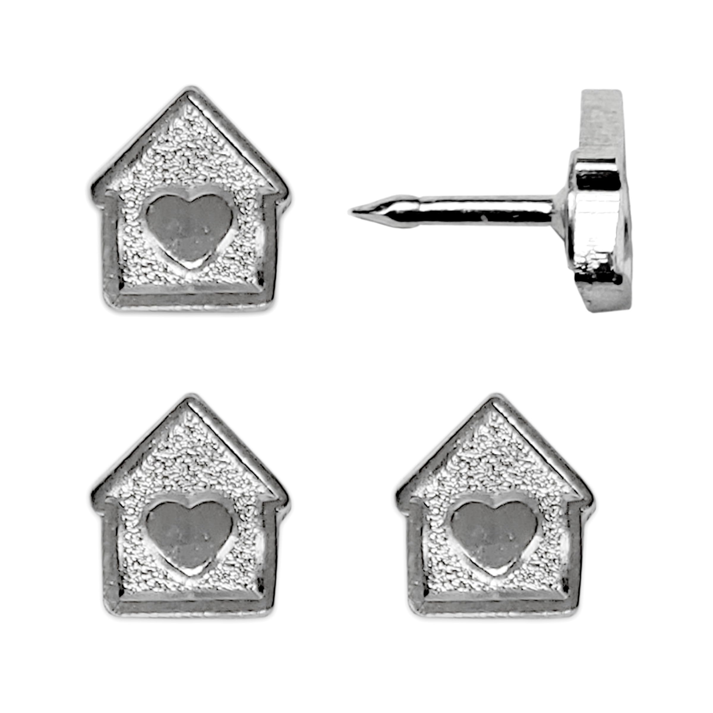 Mini House Push Pins - Silver House Pins - for Cork Board, Maps, or Lapel Pin Use - Designed in USA - Set of 4
