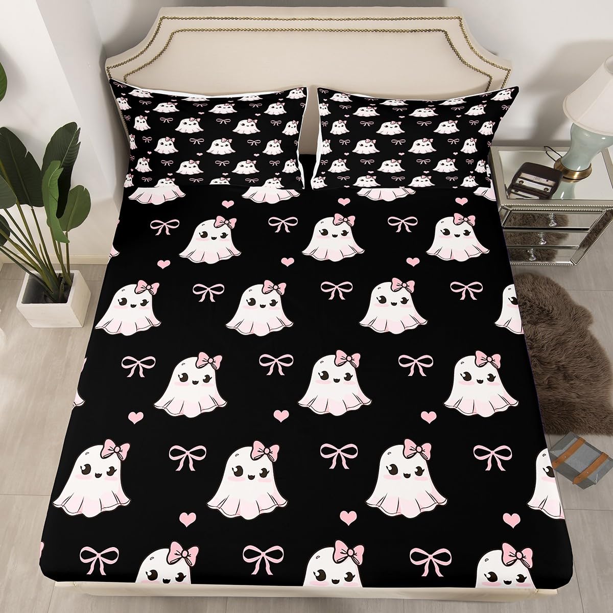 Parure de lit fantômes mignons Manfei avec drap-housse et taie d'oreiller pour enfant