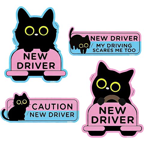 4PCS Black Cat New Driver Car Magnet, Cute Reflective Student Driver Sign for Car Bumper, Reusable Magnetic Sticker for Novice Drivers, 10 x 3.5 Inch (4Pcs Cartoon Black Cat)
