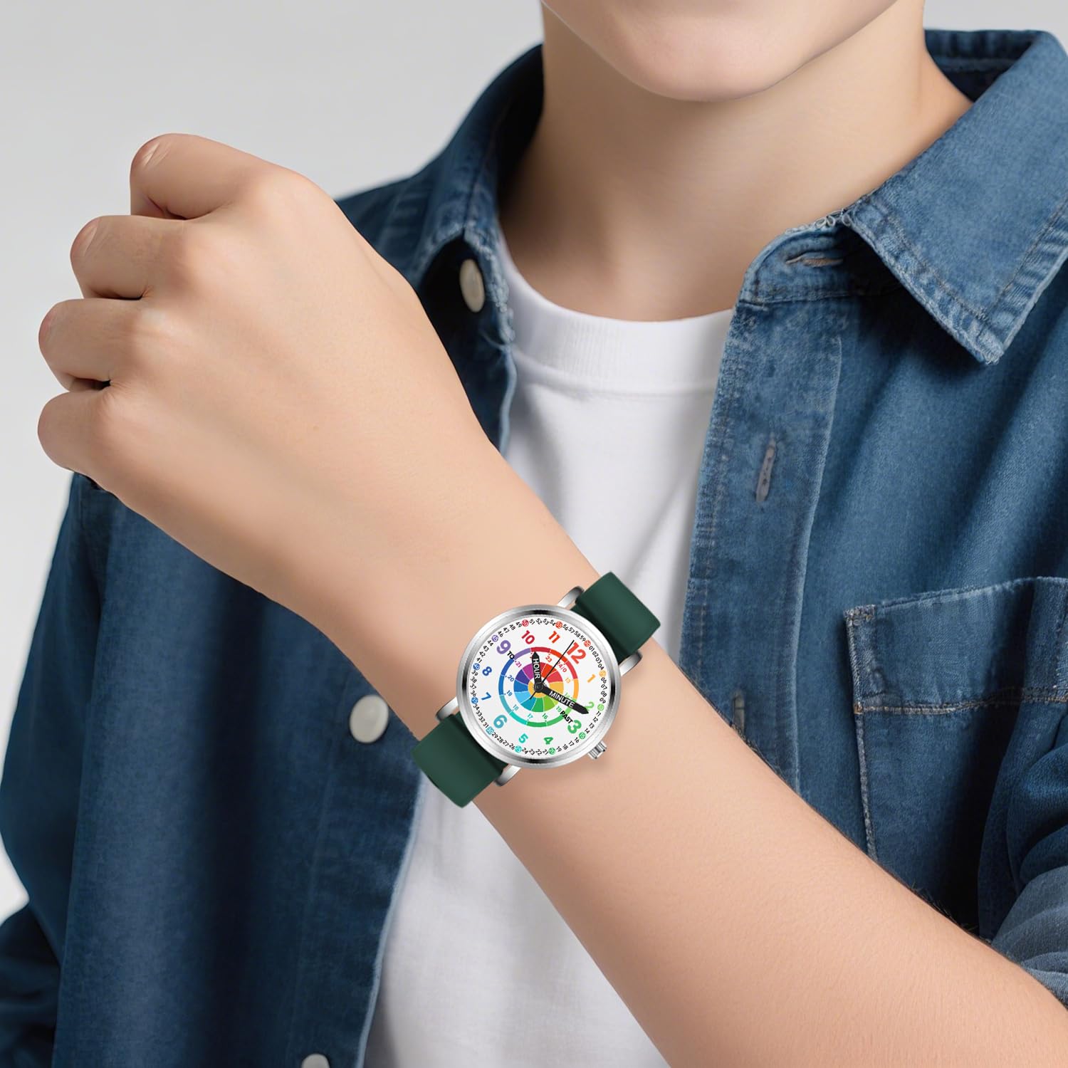 Relojes para niños, reloj de aprendizaje para niños, diana para niños pequeños, tiempo de aprendizaje y hora fácil de leer, reloj analógico para niños y niñas de 3 a 11 años, color verde
