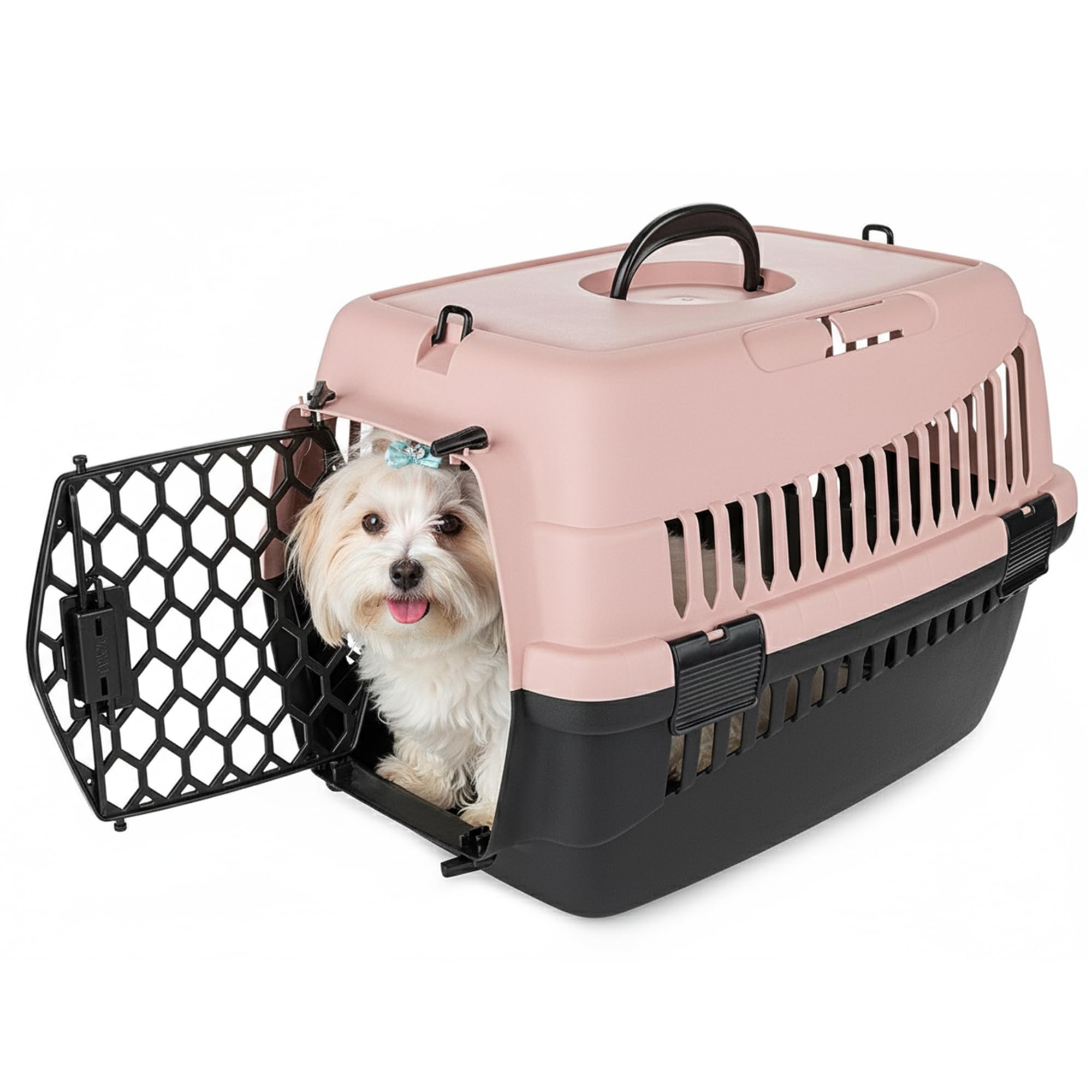 HAPPET Transportbox Katze ABBA M Pink 56x37x37 cm – Stabile Tiertransportbox aus Kunststoff mit abnehmbarem Gitter & Belüftung, sichere Transportbox für Katzen, kleine Hunde & mittelgroße Hunde
