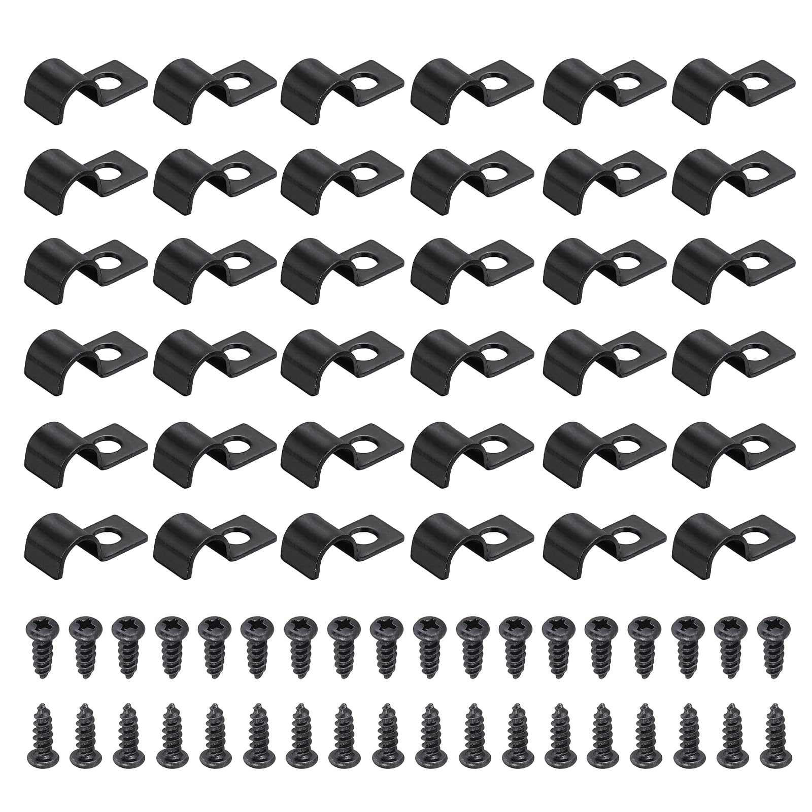 sourcing map 40Pcs 10mm(3/8") One Hole Pipe Strap, Rigid U Brackets Conduit Clamp Heavy Duty Carbon Steel Pipe Strap Clip with Self-Tapping Screws for Fixing Tube Cable Wire Cord, Black