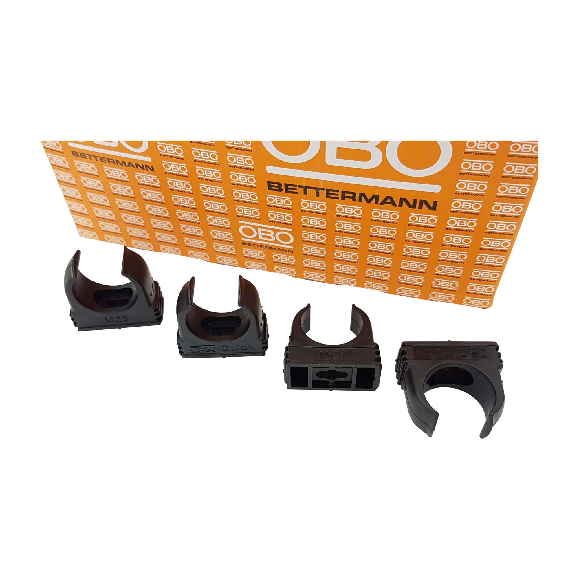 Obo Deep Black 50 X Bettermann M25 Quick Clamps, Clamps, Pipe Clamps, Stackable, 25 Mm, Pack Of 50