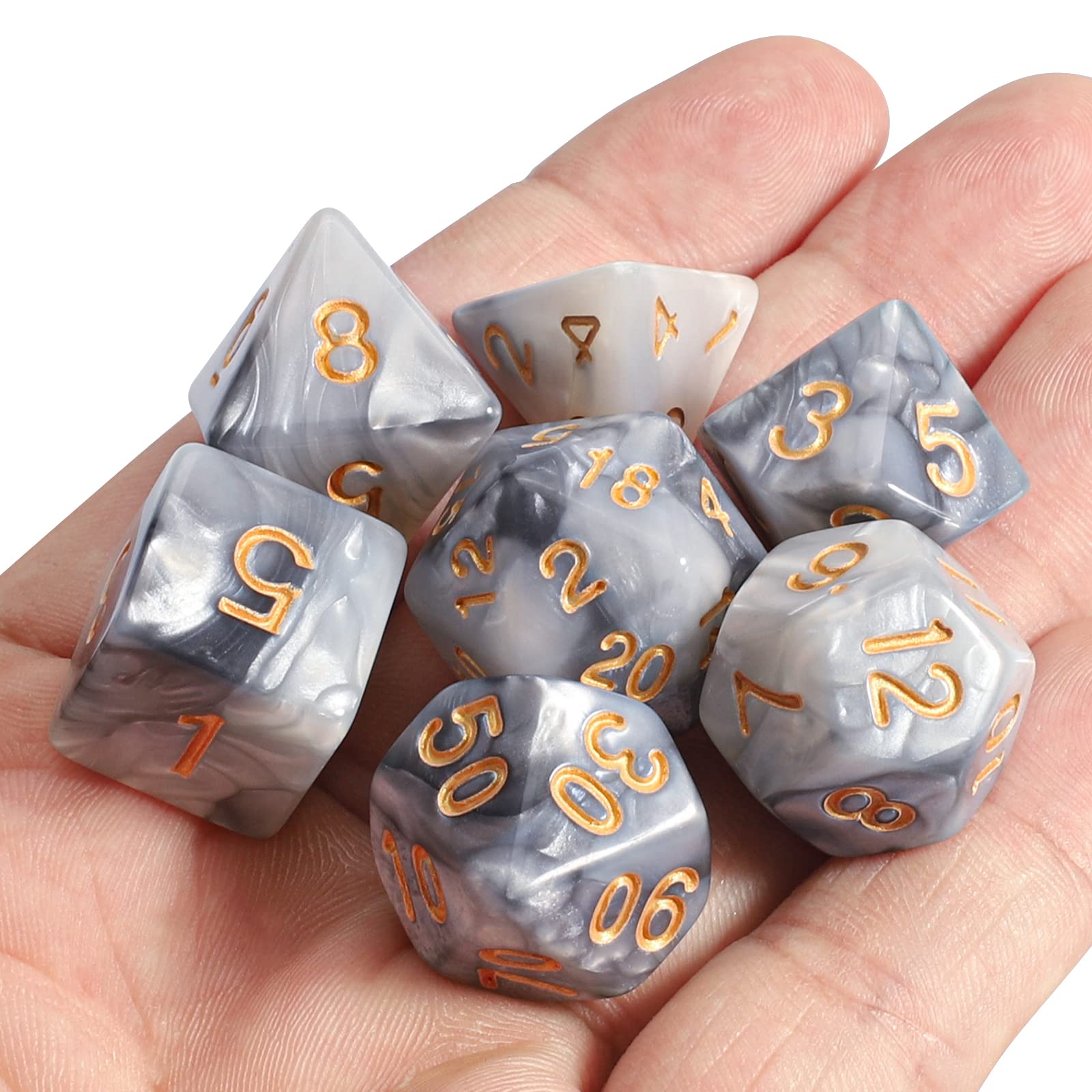 QMAY DND - Juego de dados poliédricos de 7 piezas para Dungeon and Dragons MTG RPG D&D D20, D12, D10, D%, D8, D6, D4 (gris mezclado blanco)