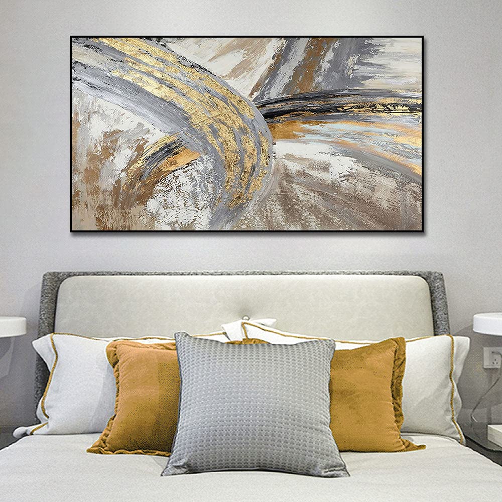 Handgemaltes Abstraktes Ölgemälde Auf Leinwand – Grau-gold Geometrisch, 90 Cm, Rahmenlos Für Wohnzimmer & Büro