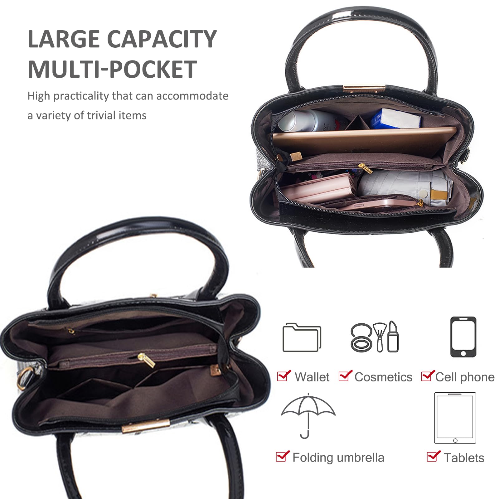 NICOLE & DORIS Bolso de Mano Mujer Bolso con Monedero Bolsos de Cocodrilo Bolso Bandolera Charol Bolso de Hombro para Viajes Compras Trabajo Negro
