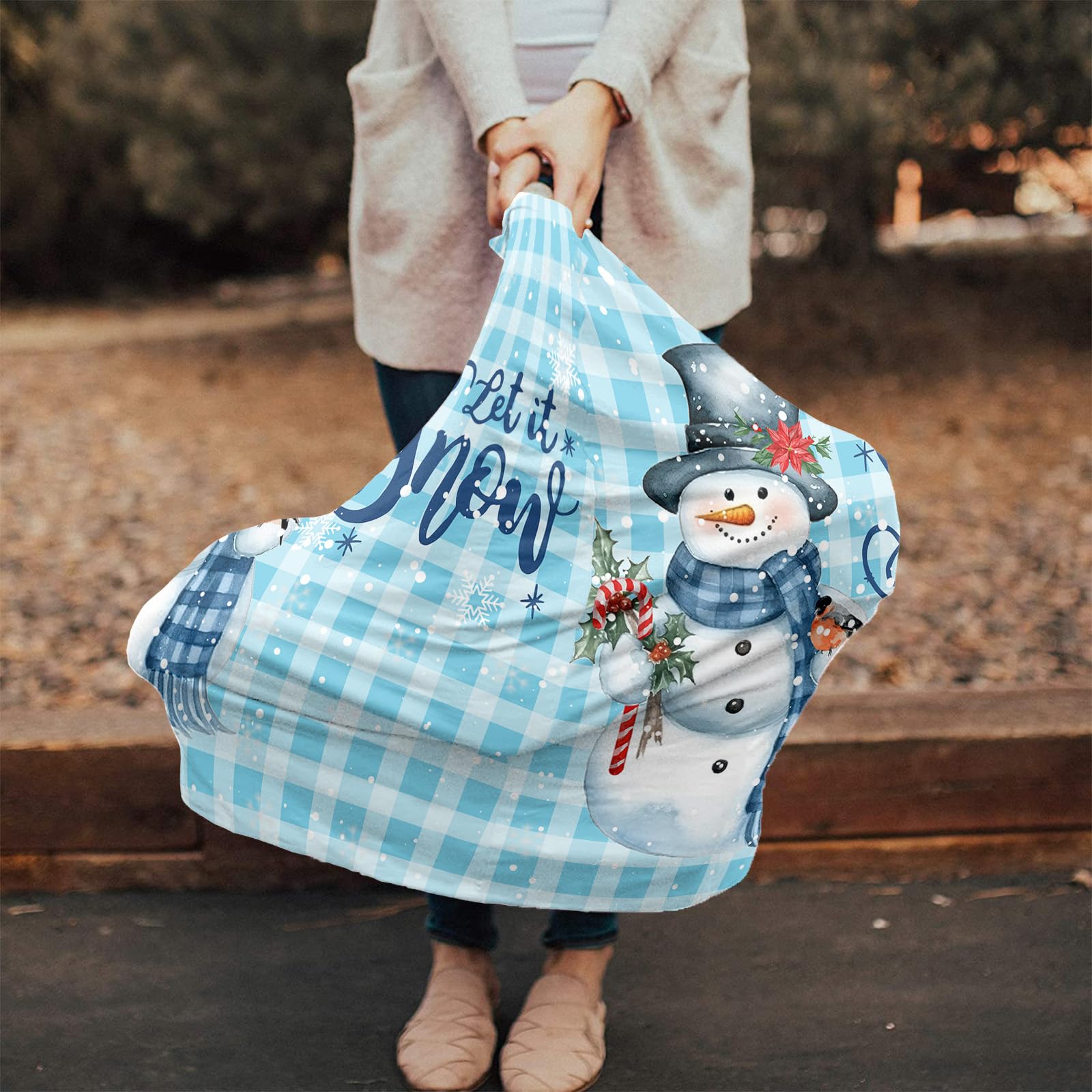 Nursing Cover for Breastfeeding Scarf, Merry Christmas Blue Checkered Snowflake Baby Car Covers Super Soft Multi Use for Canopy Shopping Cart Cover Blanket Stroller Cover