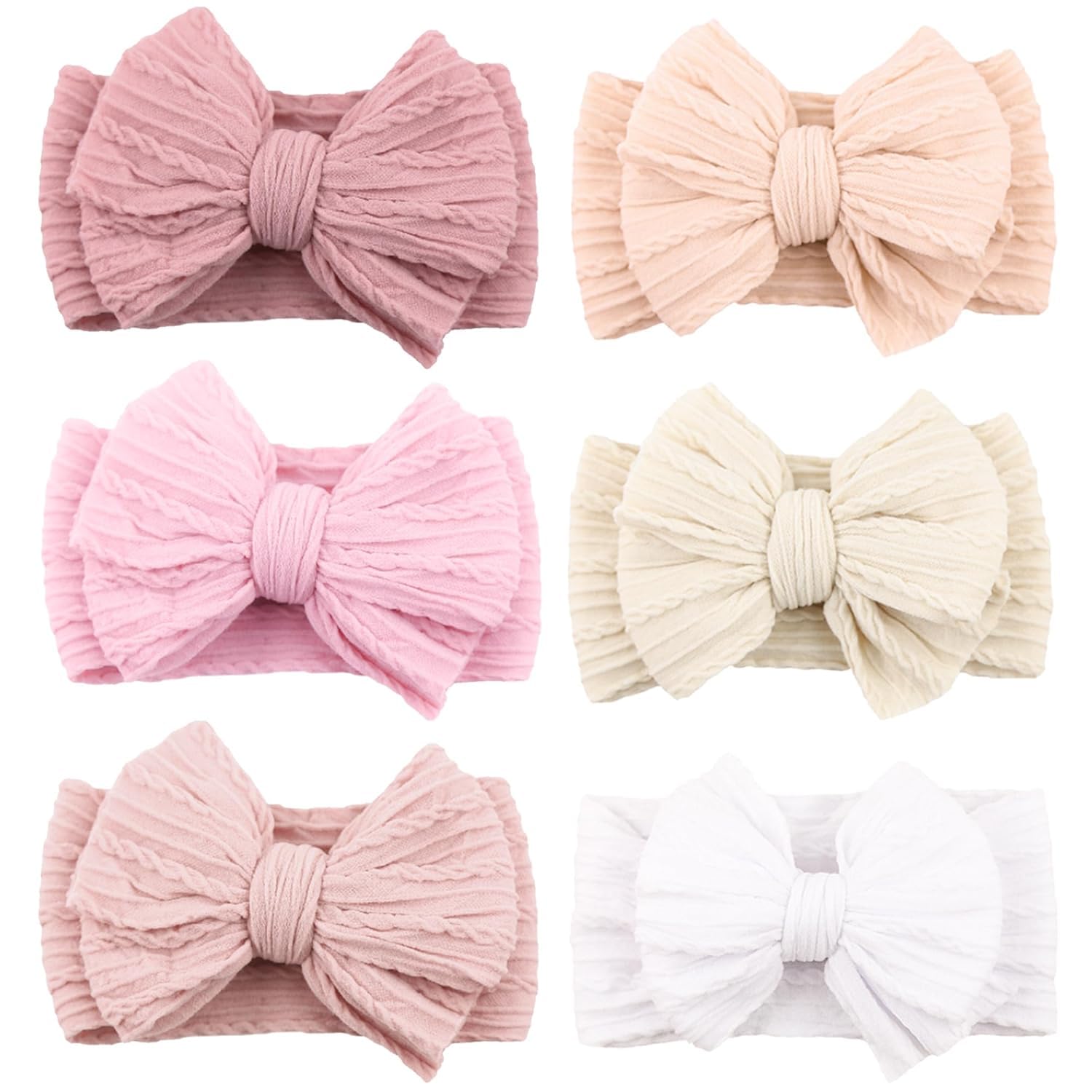 Niceye 6 Pack Baby Girl Headbands with Bows, Soft Stretchy Nylon Bands | Large Bows with Knit Texture, Handmade Hair Accessories for Newborn Infant Toddler Girls, Daily Wear & Photoshoots
