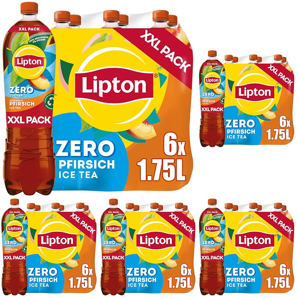 LIPTON ICE TEA Zero Peach – Zuckerfreier Eistee mit Pfirsich Geschmack, EINWEG (6 x 1.75 l) (Packung mit 5)