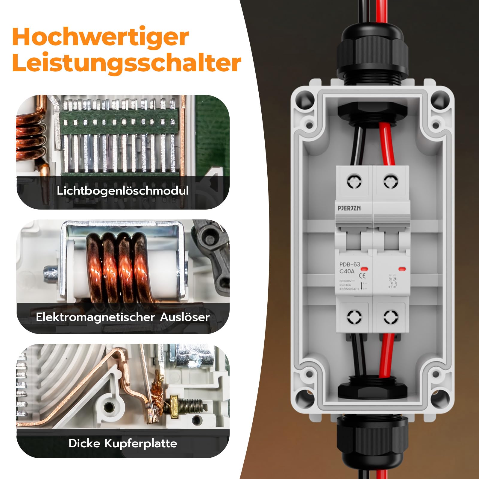 DC Trennschalter PV Anlage 1000V 40A 2P Sicherungsautomat mit Solarkabel | 2P Leitungsschutzschalter, thermomagnetisch, Kurzschluss, IP65, DIN Schiene, Kupferkontakte, Solaranlage, steckfertig