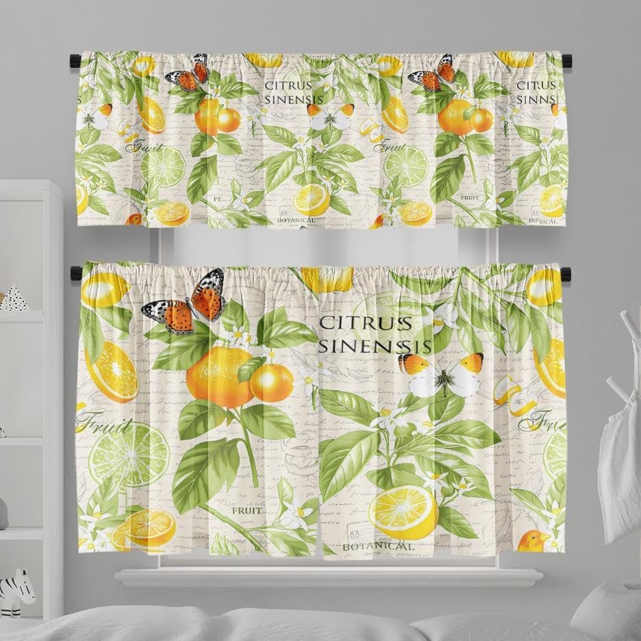 TQFZP Spring Lemons Kitchen Curtains Short and Valance Set Watercolor Yellow Vintage Fabric Curtain Drapes Cafe Curtains Valance for Home Decor