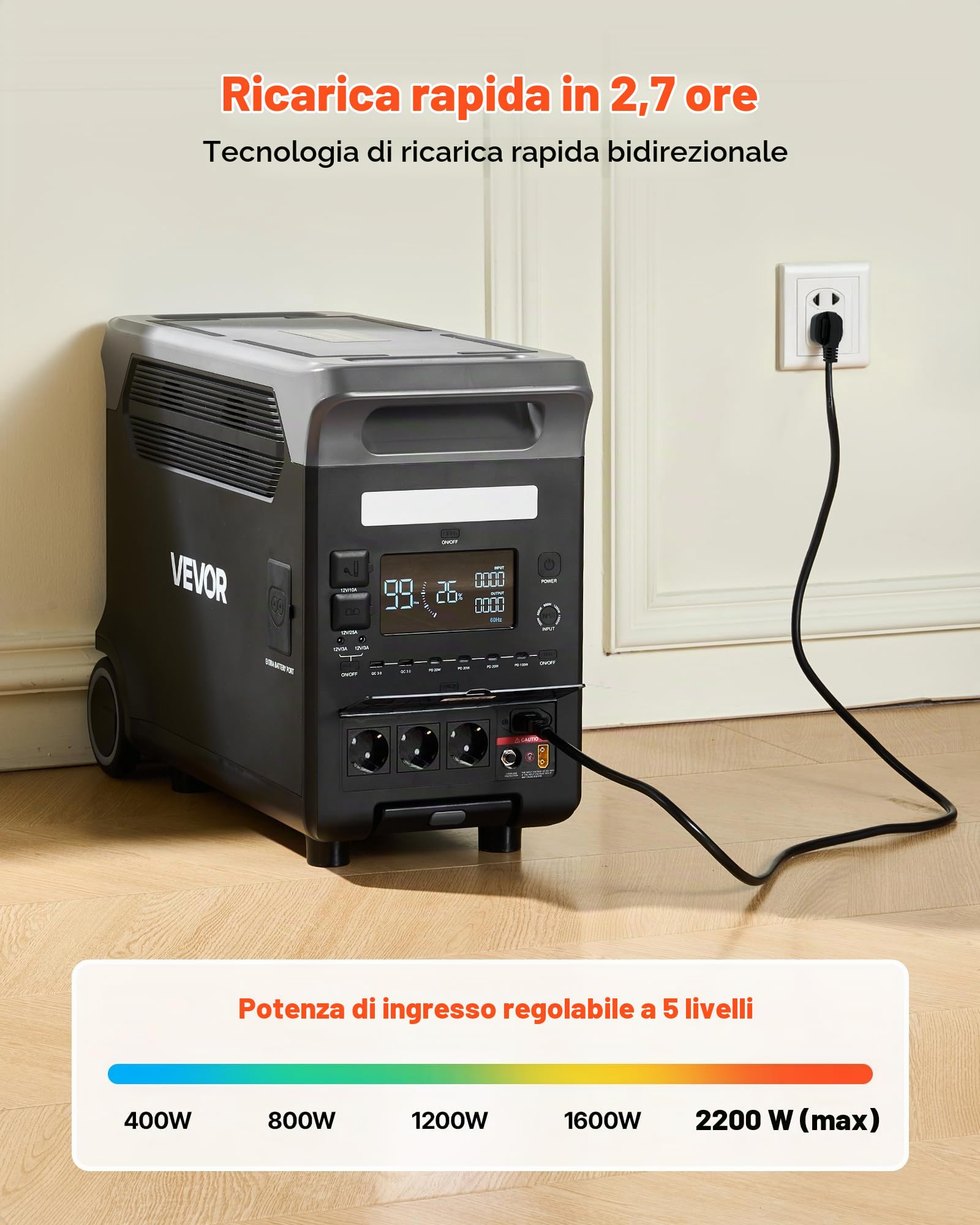 VEVOR Centrale Elettrica Portatile, Generatore Solare da 3600 W e 3840 Wh con 10 Porte di Uscita, Batteria di Backup LiFePO4 Espandibile per Camper, Campeggio, Senza Pannello Solare