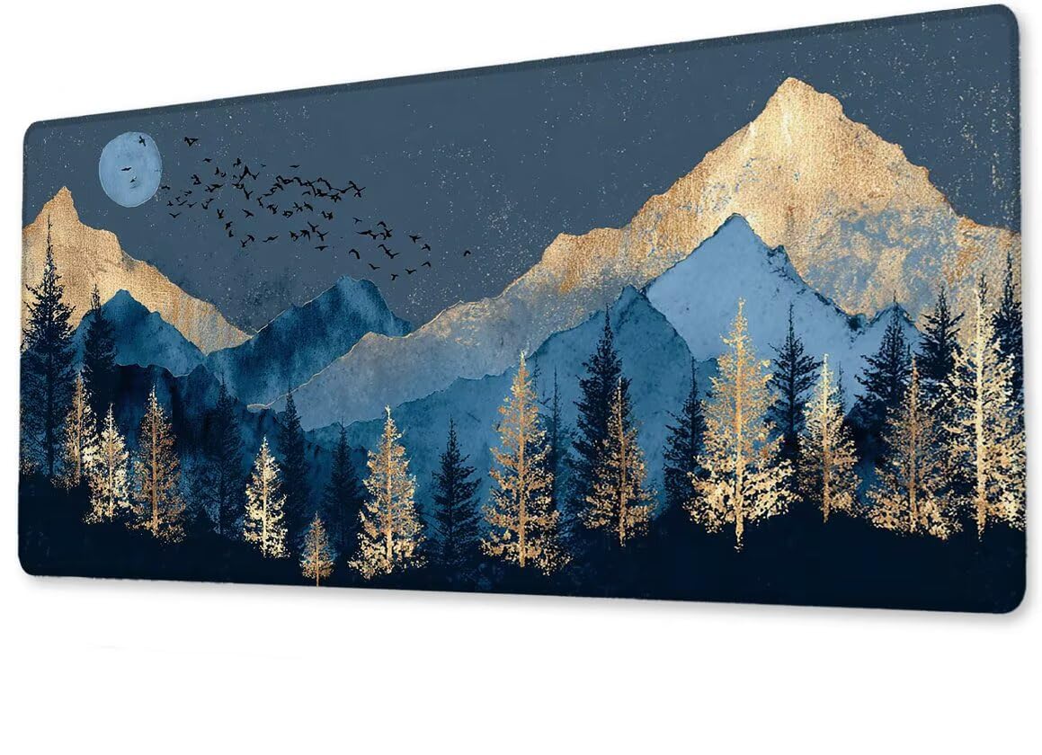 Podkładka pod mysz, duża, gamingowa podkładka pod mysz, XXL, leśne góry, 600 x 1200 x 3 mm, podkładka na biurko, antypoślizgowa, gumowa podstawa, wodoodporna i trwała, podkładka pod klawiaturę, do