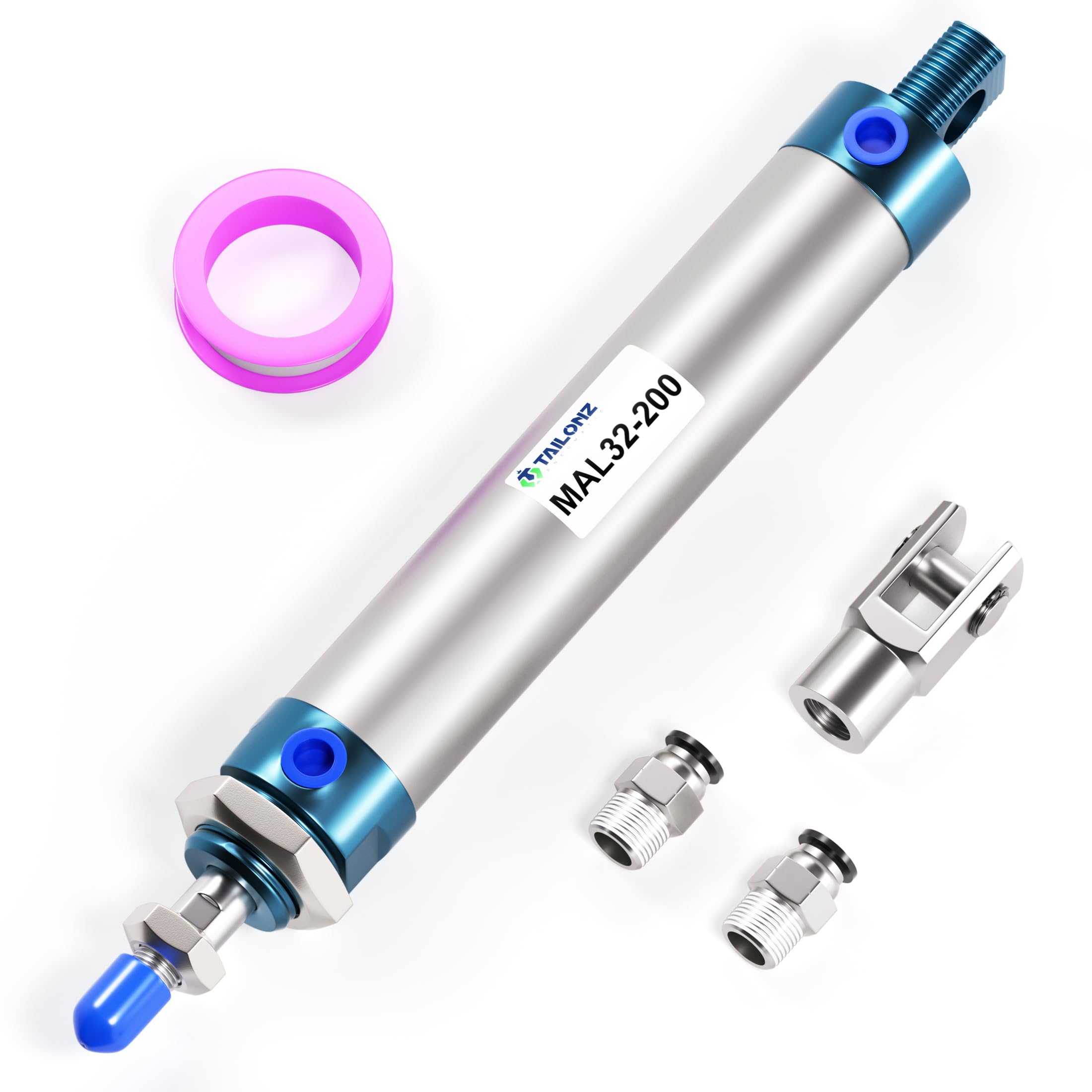 TAILONZ PNEUMATIC 32mm Bore 200mm Stroke Air Cylinder Double Action with Y Connector and 2Pcs 8mm Fitting MAL32x200