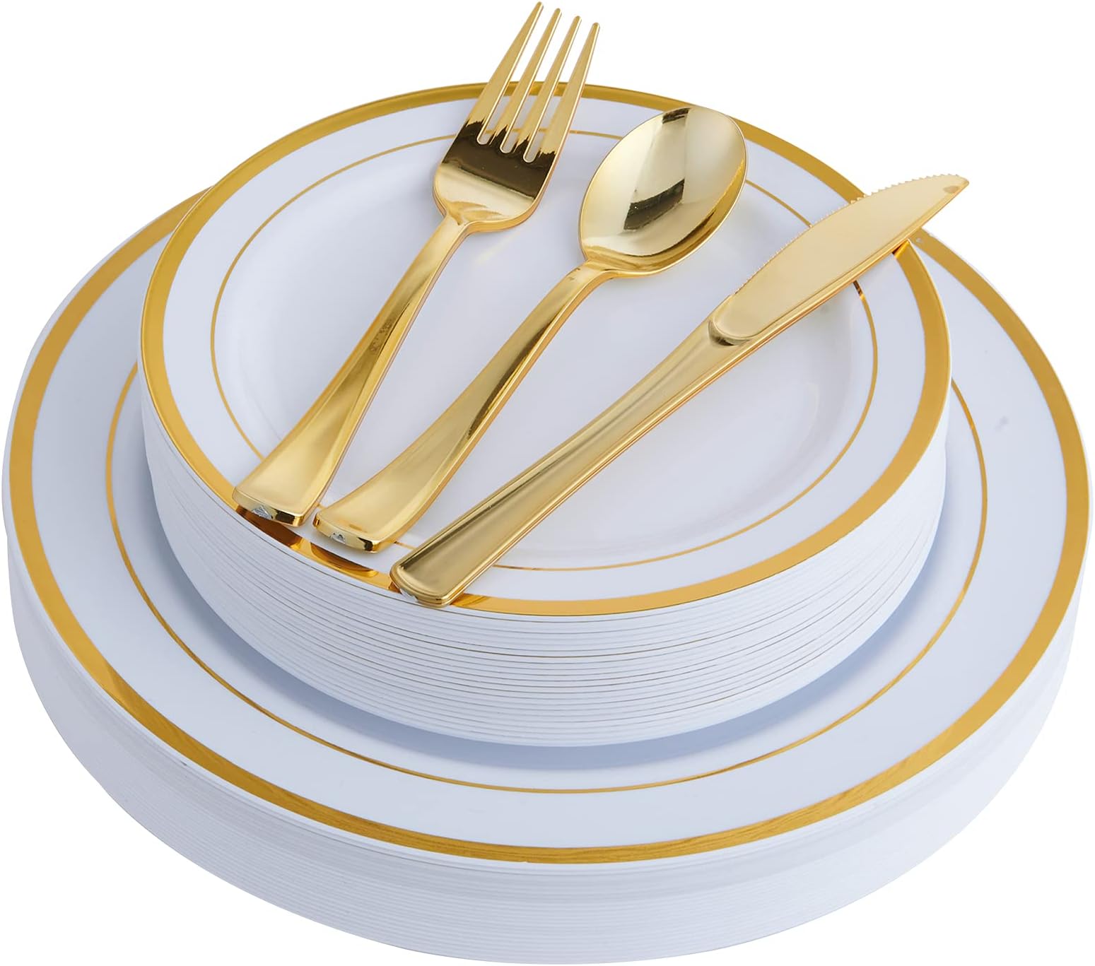125 Count Gold Plastic Plates Include 25 Dinner Plates 25 Disposable Dessert & Gold Disposable Silverware, Plastic Dinnerware Set Providing for 25 Guests Suitable for Party Wedding