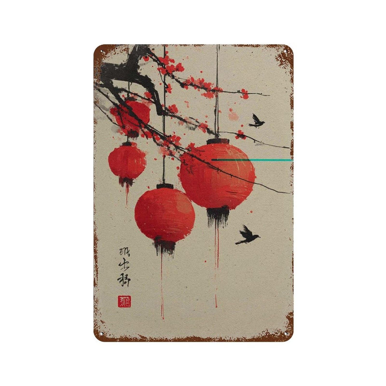 xiaoxiaoshen Red Lantern Chinese Cherry Blossom Asian Ink Painting Oriental Minimalist Zen Wo Wall Decor Art Metal Tin Poster Modern Home Decor Art Home Bar Shop Decorations Vintage Sign 30x20cm