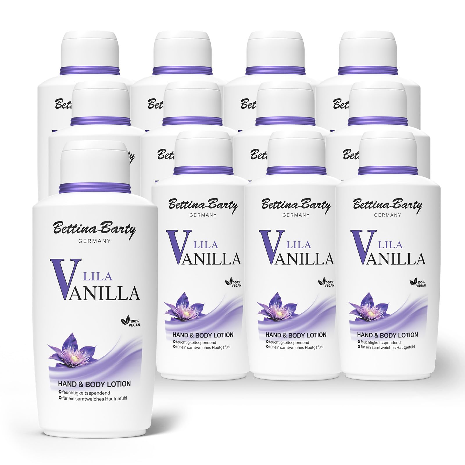 Bettina Barty Lila Vanilla Hand & Body Lotion 12 x 500 ml – Feuchtigkeitspflege mit pudrig-blumigem Vanilleduft für Haut & Hände – Mit schnell einziehender Formel
