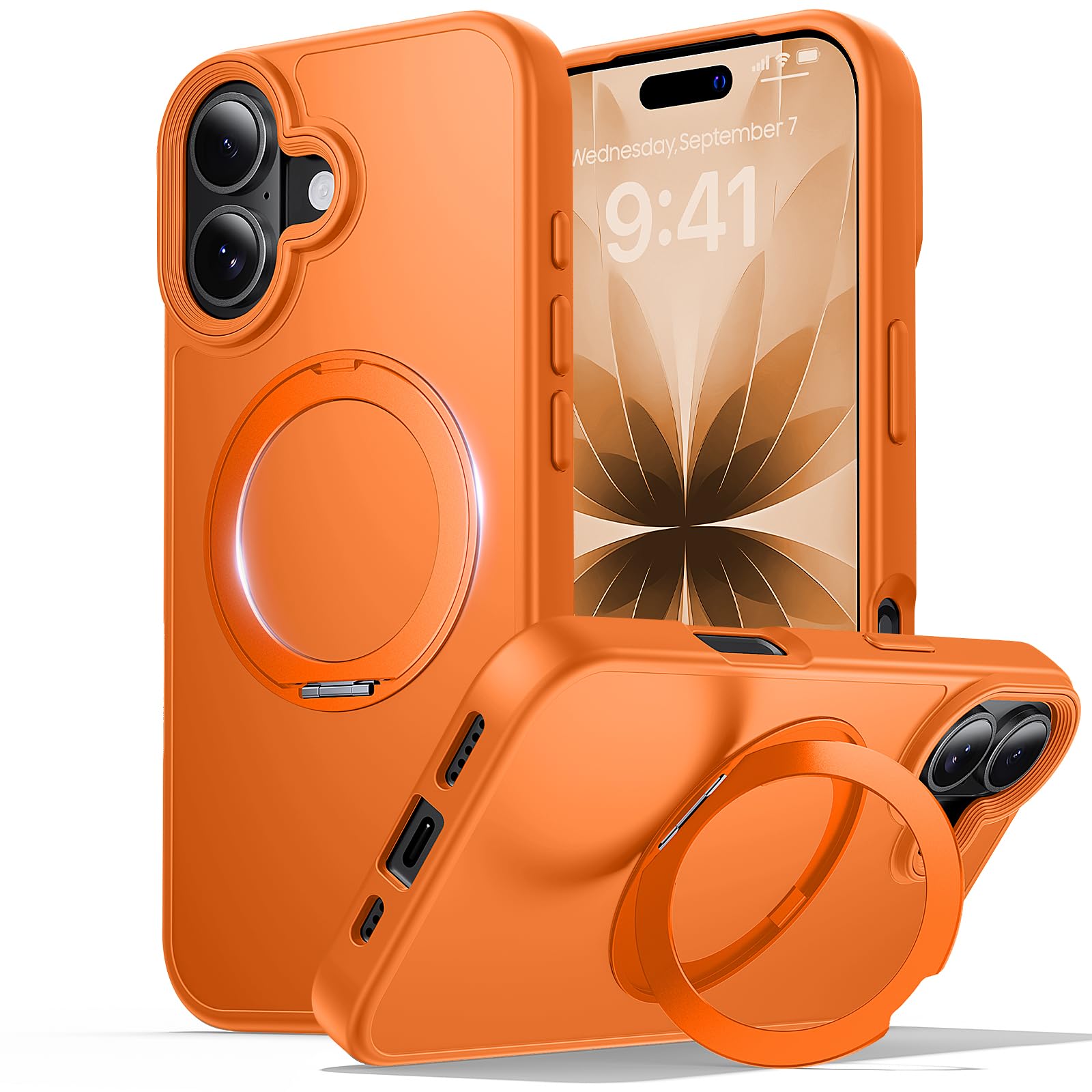 for iPhone 17 Case with Stand Orange, Fits MagSafe Ring, Military-Grade Drop Protection, Build in Kickstand,Slim Matte Finish Shockproof Phone Cover 6.3"