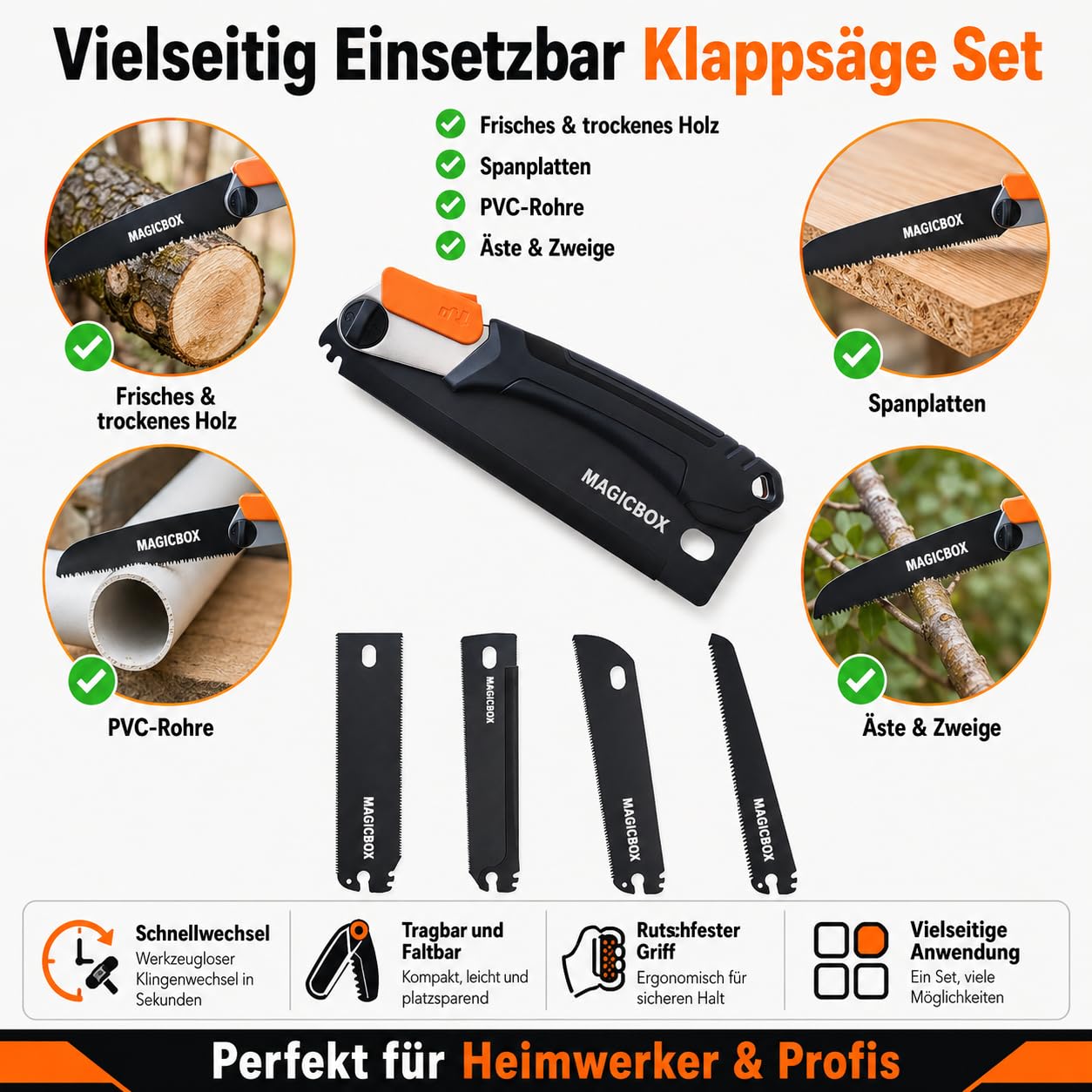Magicbox Klappsäge Set mit 4 austauschbaren SK5-Sägeblättern, Japansäge Klappbar mit Sicherheitsverschluss, 2 Winkelpositionen, rutschfestem Griff & Canvas-Tasche für Holz, Äste, DIY, Outdoor