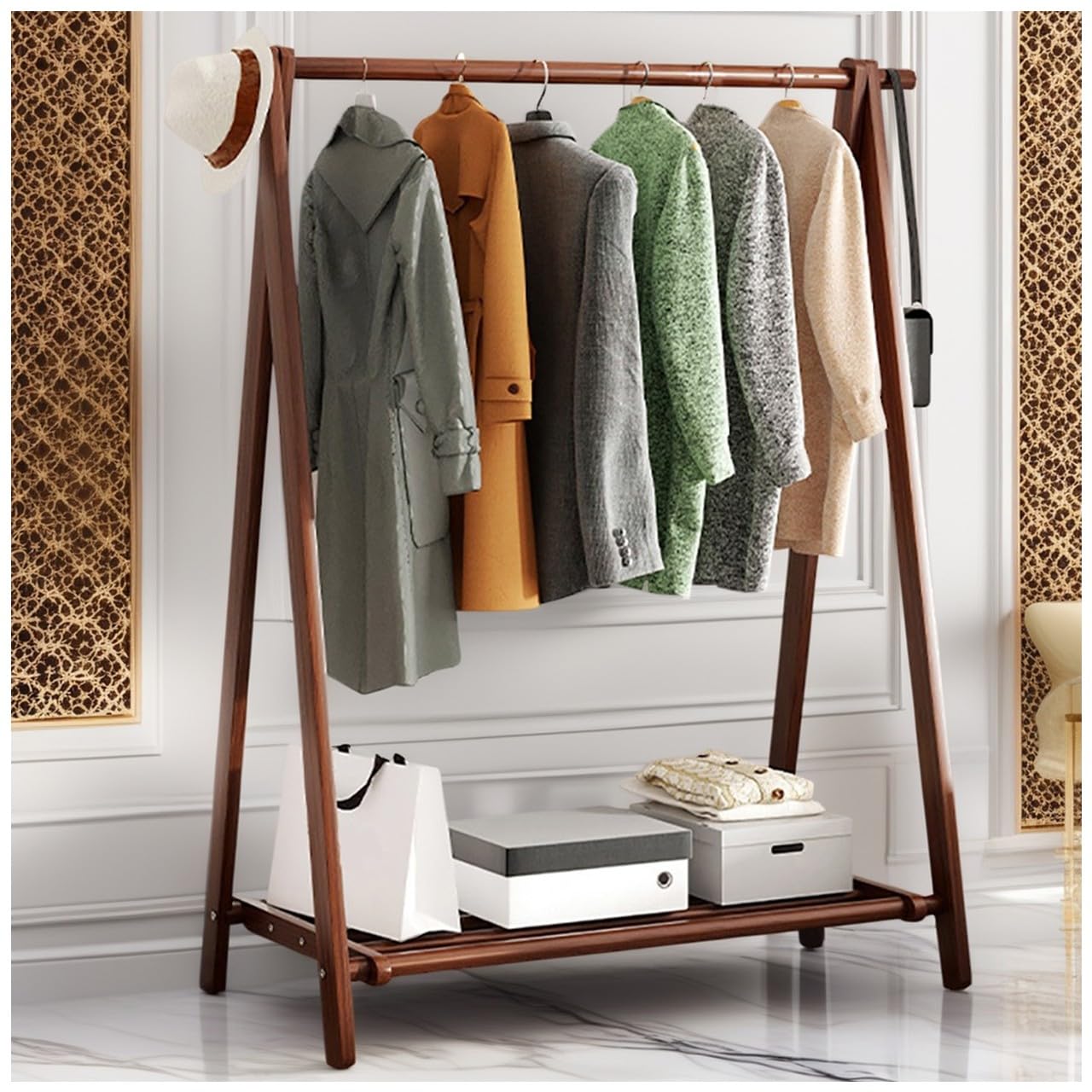 FGXHHS Foldable Wooden Coat Stand Rack with Sto Shelf, Garment for Clothes, Max Load 100kg, Available in 60/80/100/120CM Sizes