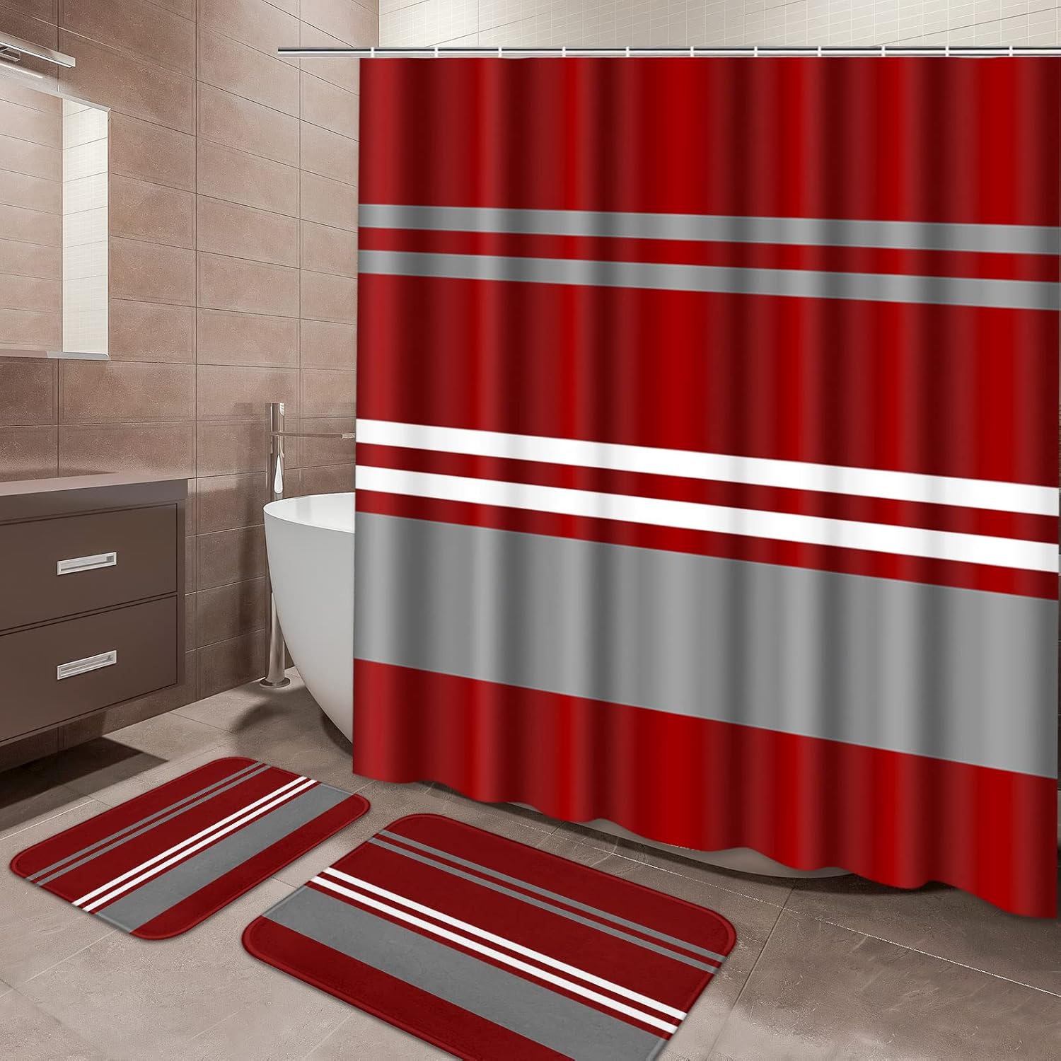 ArtSocket Red Bathroom Sets with Shower Curtain and Rugs