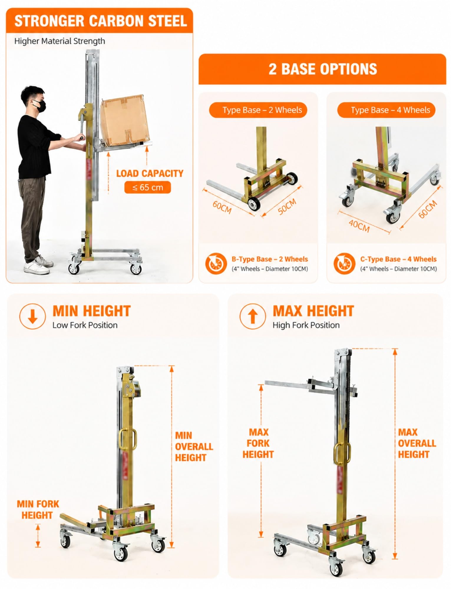 Sollevatore manuale 80 kg, impilatore mobile con verricello e forche