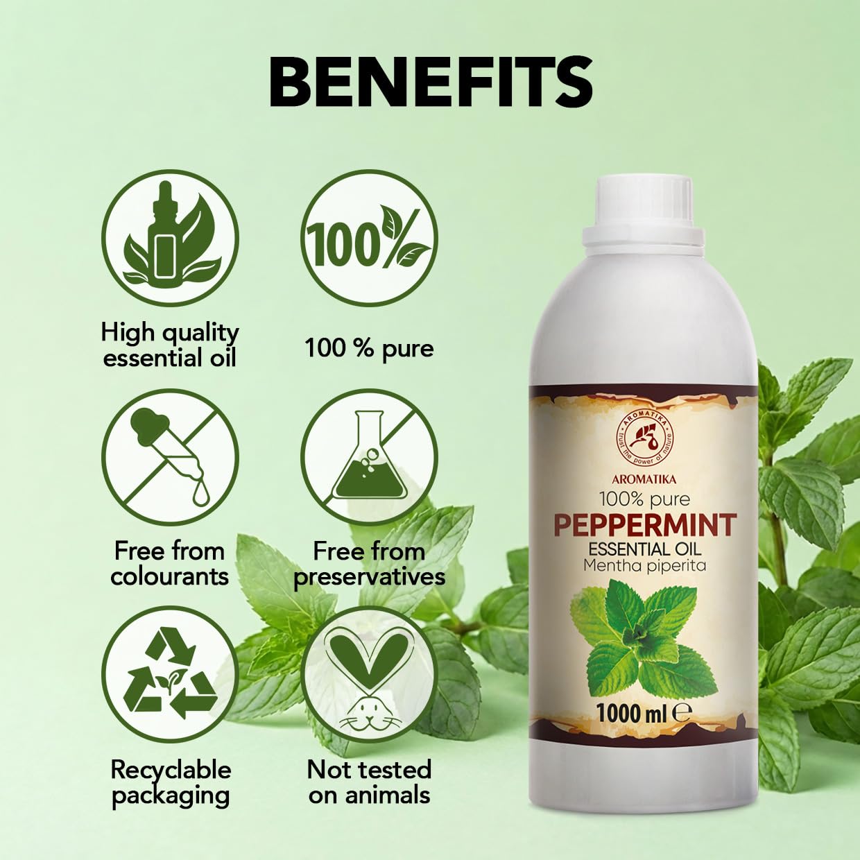 Olejek Eteryczny Mięty Pieprzowej - 1000 ml - Relaks - Dyfuzory - Zapach - Aromaterapia - Nawaniania - Olejek Miętowy - Pielęgnacja ciała - Olejki Eteryczne - Sauna - Mentha Piperita - Kojący