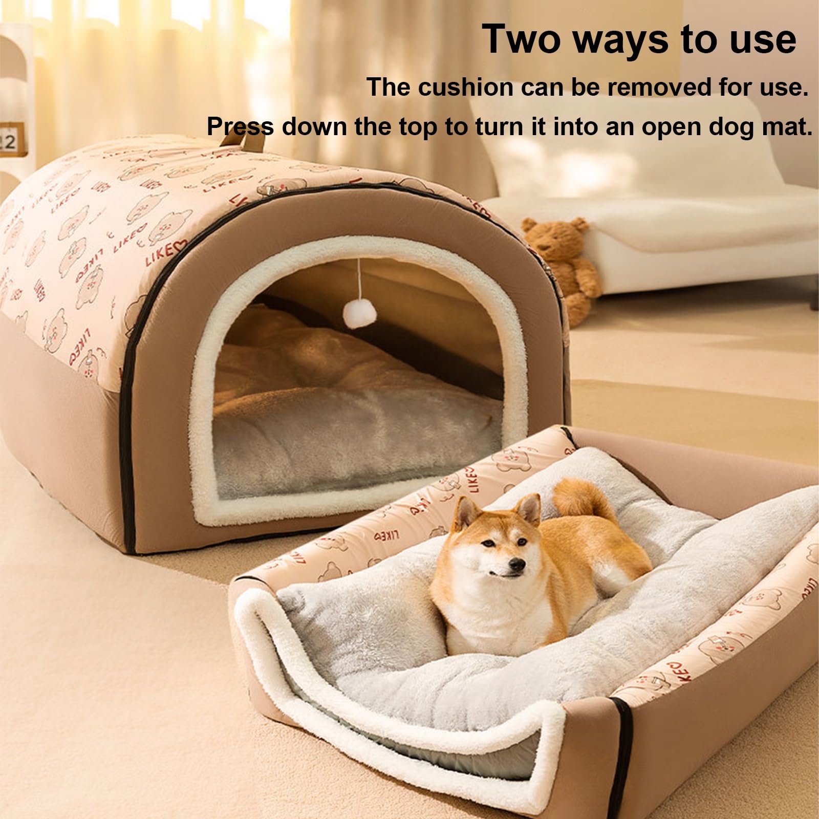 Cuccia Igloo Cane con Cuscino Removibile, Cuccia Cane Chiusa 2 in 1 Calda e Accogliente, Casetta per Cani da Interno Antiscivolo in Peluche e Cotone PP per Gatti Cani Conigli(Gray,75 X 50 X 50 cm)