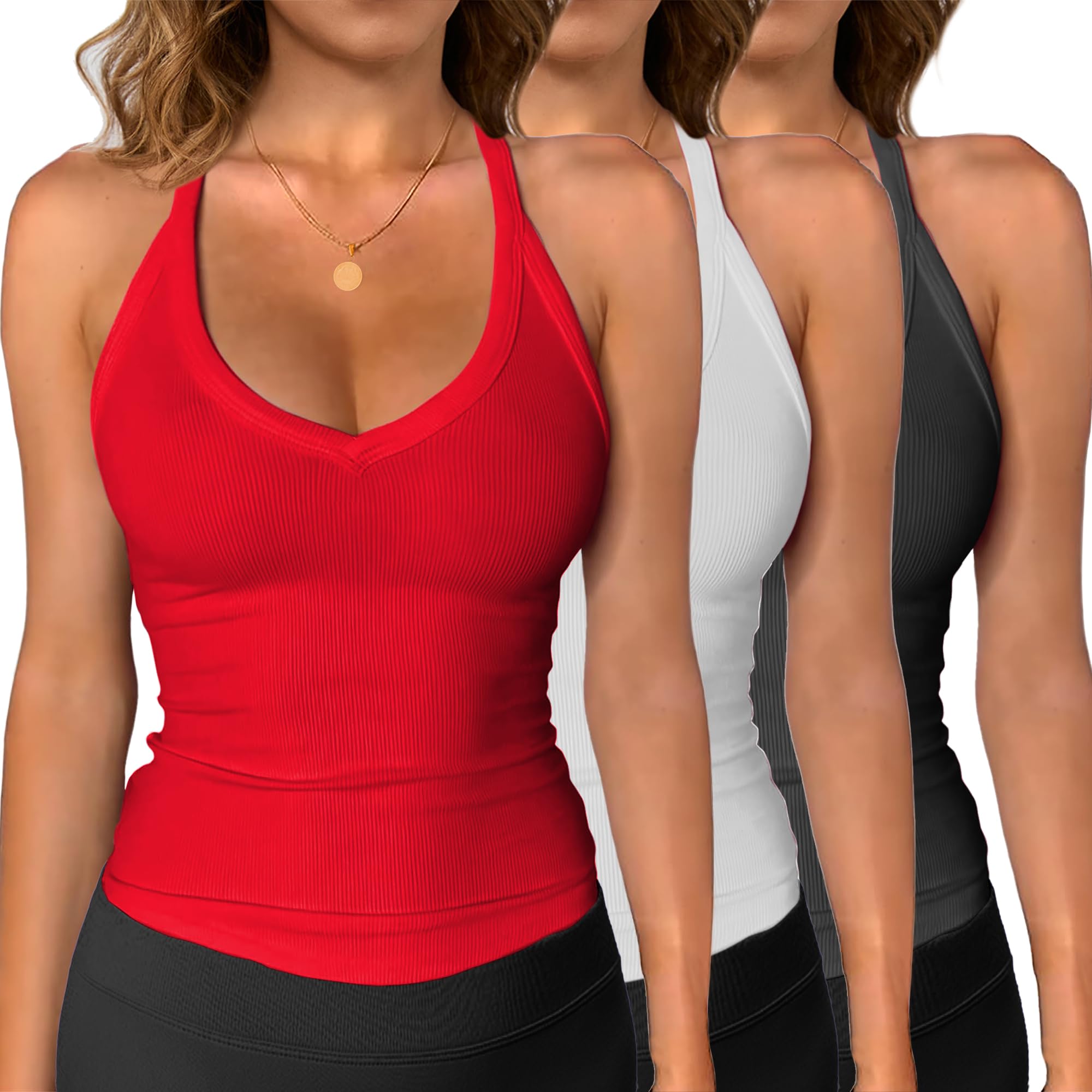iGENJUN3 Pack Workout Tops for Women Racerback Basic Tank Summer 2025 Camisole V Neck Slim Fit Ribbed Sleeveless