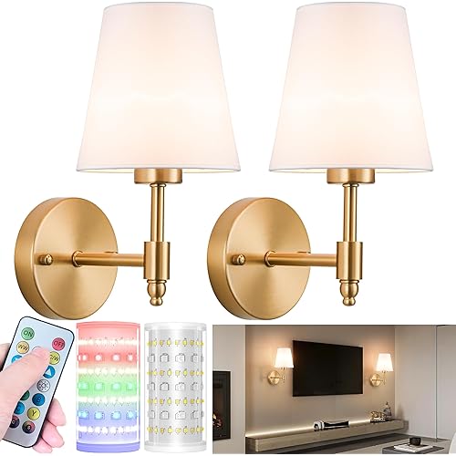 Battery Operated Wall Sconces Set Of Two, Wireless Battery Wall Light With 10000mAh RGB Rechargeable Magnetic Bulb, Rechargeable Wall Sconce With Remote Control For Bedroom, No Electrician Required