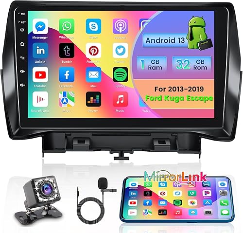 (1+32G) para Ford Escape Kuga Android 13 Radio, Roinvou 9 pulgadas pantalla táctil Radio, kit de tablero de radio con cámara de respaldo, soporte de