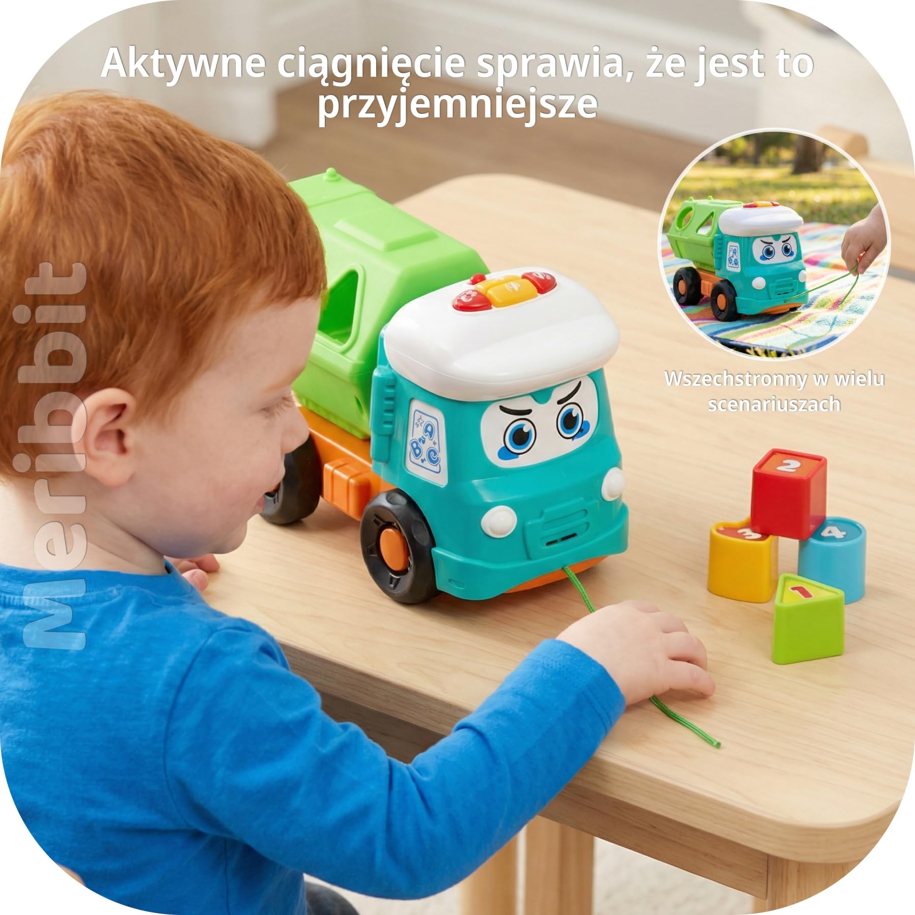Montessori Zabawka Ciężarówka Wywrotka dla Dzieci 1-3 Lat, Pojazd Sensoryczny z Światłami i Dźwiękami, Sortowanie Kształtów, Zabawka do Ciągnięcia dla Chłopców i Dziewczynek, Edukacyjne