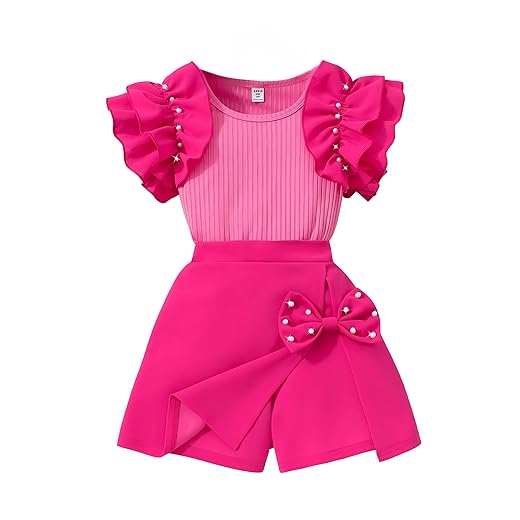 Kid Girl Outfits Clothes Ribbed Sleeveless Pearl Ruffle Top And Solid Bow Skirt 2 Pieces Casual Set for Girls 8-13 Years
