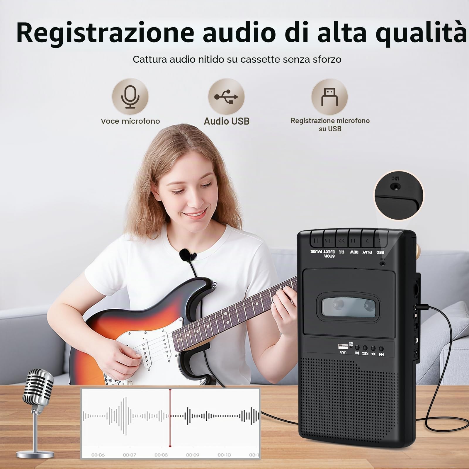Lettore di Cassette Shoebox Portatile con Convertitore USB Digitale, Microfono e Altoparlante