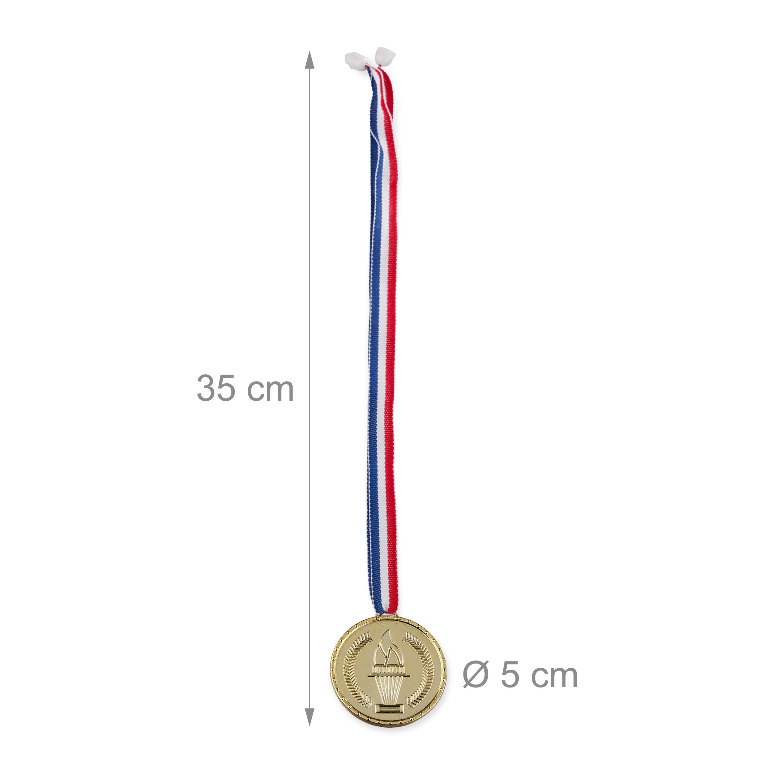 Relaxdays Złoty medal dla dzieci, zestaw 12 sztuk, wstążka, pochodnia, wyróżnienie za nagrodę za zdobywcę, zestaw medali, 5 cm Ø, plastik, złoty