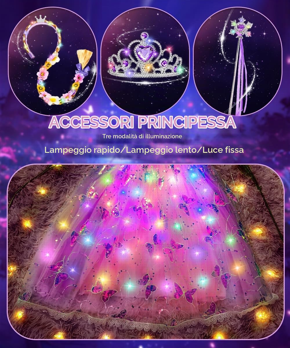 Vestito Principessa, LED Costume Principessa Bambina con Set Corona Principessas Luminoso, Vestiti Costume Carnevale, Vestito da Principessa per Cosplay