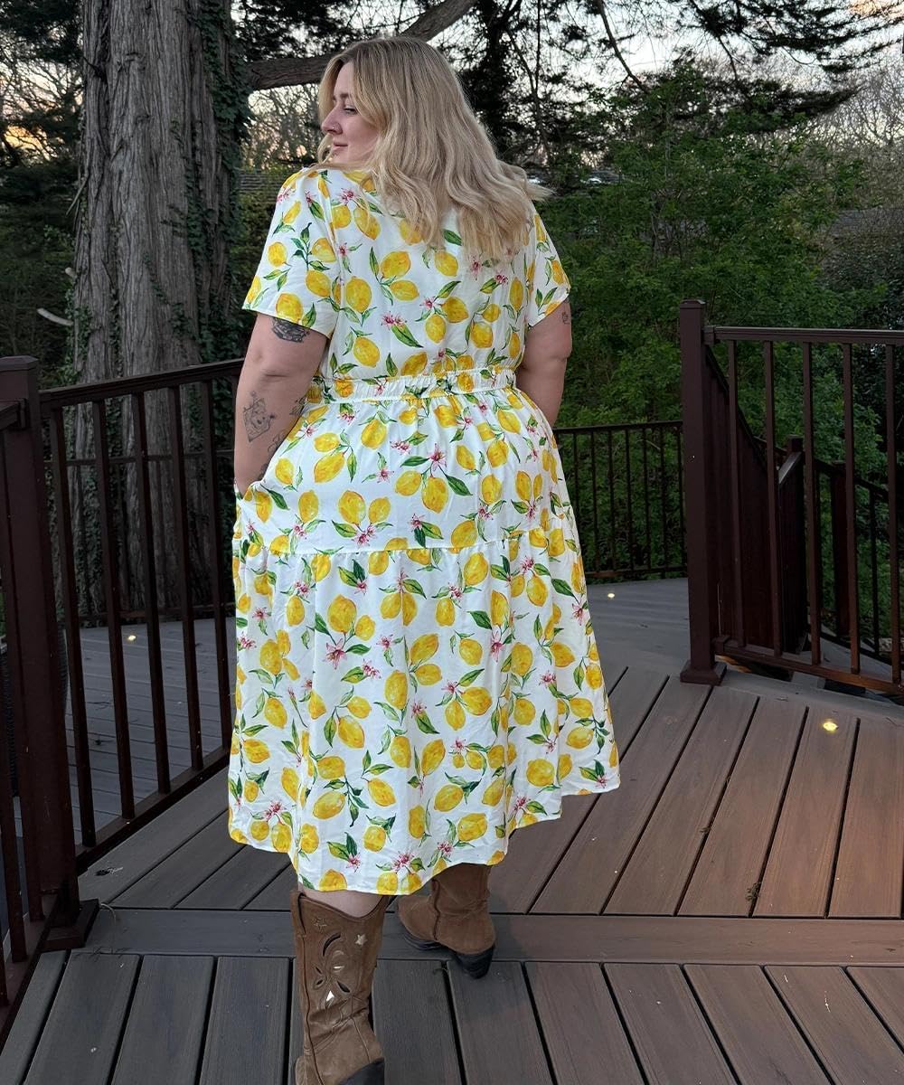 RITERA Kleid in Übergröße, für kurvige Frauen, V-Ausschnitt, kurzärmelig, langes Sommerkleid, gesmokt, Strand, Urlaub, Hochzeit, Böse, Größe XL - 5XL