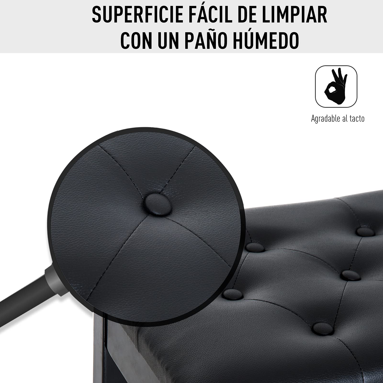 HOMCOM Banco de Piano con Almacenamiento, Banqueta de Piano con Asiento de Cuero Sintético, Patas de Madera, Carga Máxima 200 kg, 76x36x50 cm, Negro