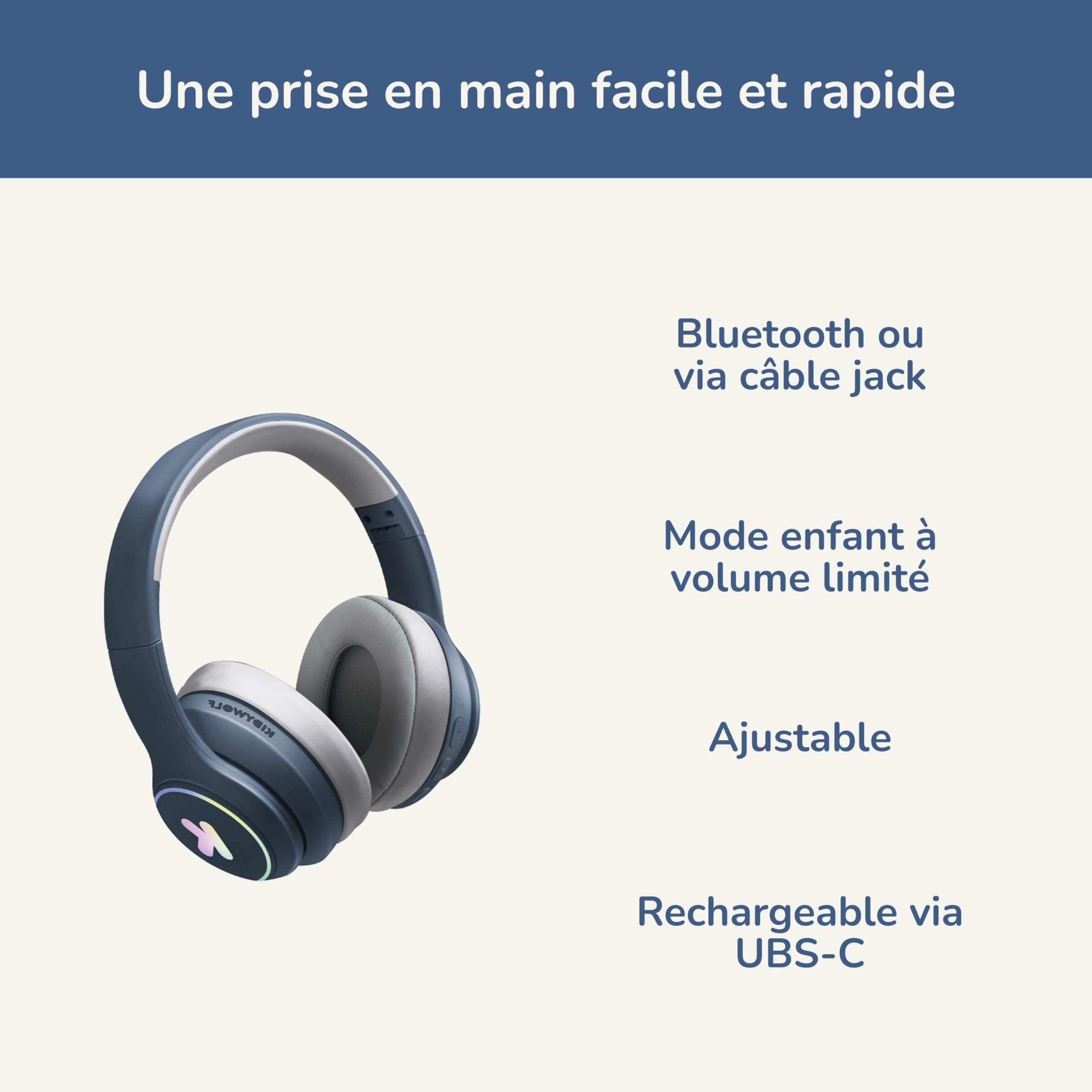 KIDYWOLF - K-Ears Bleu - Casque Audio Ado Bluetooth LED 85 DB 8ans+