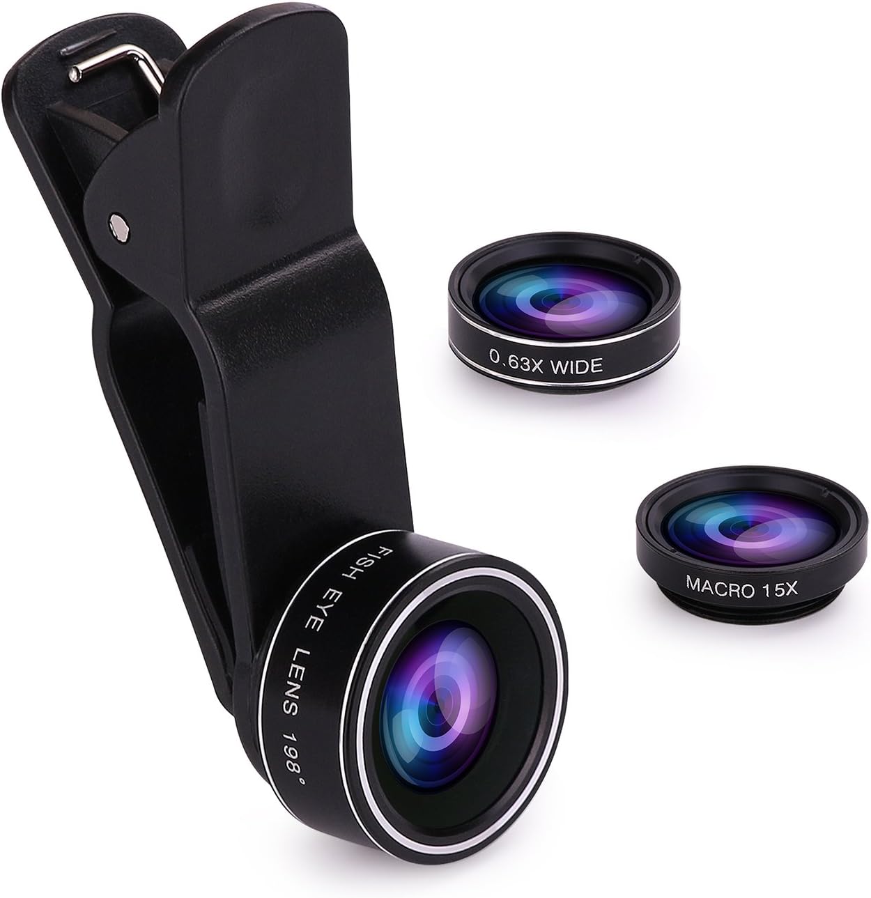 Phone Camera Lens Kit, 3 in 1 Clip On Cell Phone Camera Lenses, 198° Fisheye Lens+ 15x Macro Lens+ 0.63 Wide Angle Lens Compatible for iPhone X/XS Max/XR/8/7/6s/6 Plus, Samsung, Smartphone