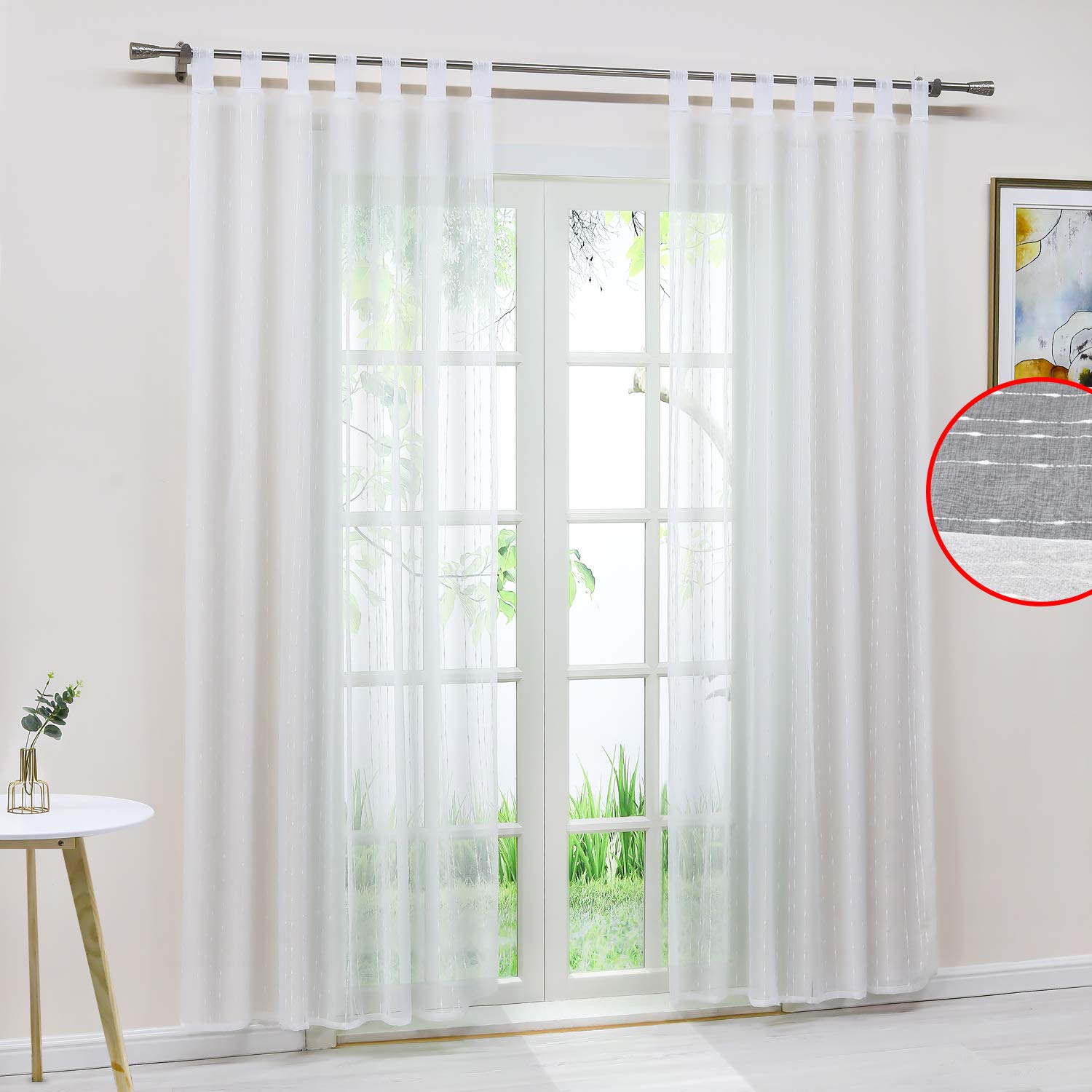 Delien Gardinen in Leinen-Optik Stores Gardine mit Streifen Muster Vorhänge Schlafzimmer transparent Vorhang Fensterschals mit Schlaufen, weiß (2er-Set, je 245x140cm)