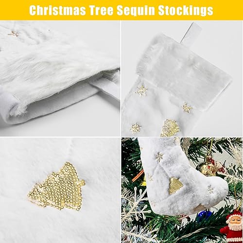 Miniatura 3 de DIYASY 4 medias blancas de Navidad, de 18 pulgadas, de piel sintética de felpa grande, con árbol de Navidad dorado, lentejuelas y purpurina para