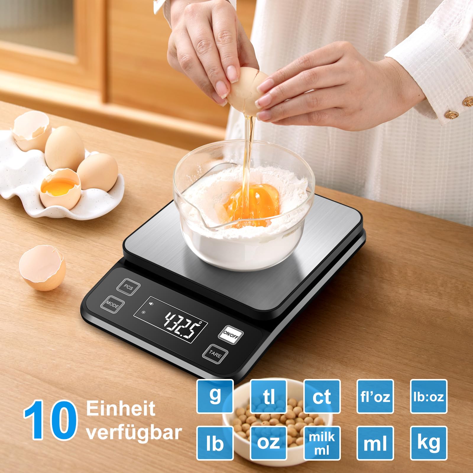 Diyife Wasserdicht IPX67 Küchenwaage 10KG, 0,1g Digitalwaage mit Großer Edelstahl Wiegefläche, Wiederaufladbar Lebensmittelwaage,10 Maßeinheiten, LCD-Display, Tara, Zählfunktion, Briefwaage Schwarz
