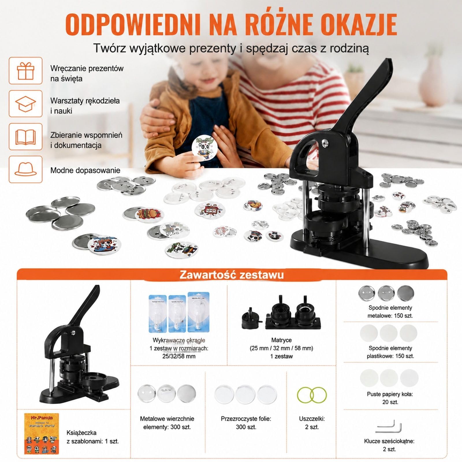 Prasa do przypinek 3 w 1 z plastikową obudową, czarno-pomarańczowa, matryce i akcesoria DIY
