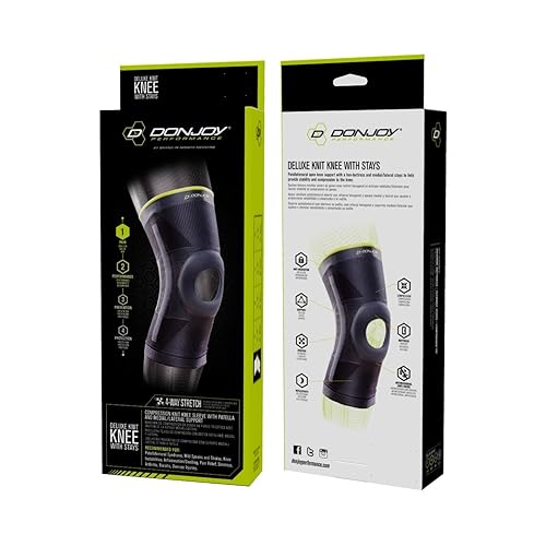 Miniatura 4 de DonJoy Performance Rodillera de punto de lujo con soportes y contrafuerte  Rodillera de soporte de nivel medio para PFPS, esguinces, inestabilidades