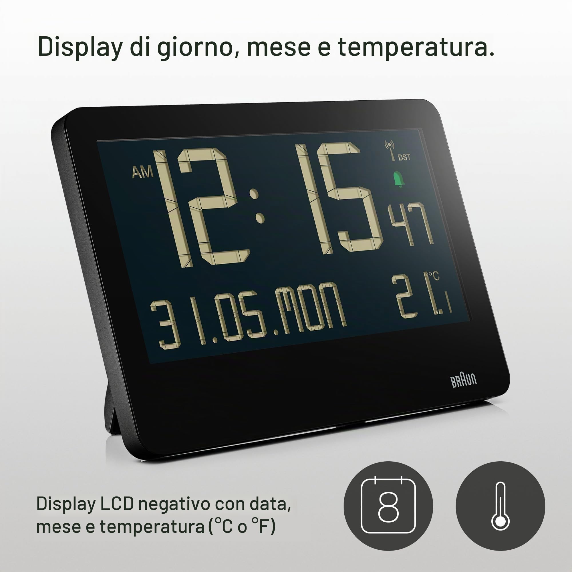 Braun Orologio da parete digitale temperatura interna, data, giorno della settimana, ampio display LCD inverso, impostazione rapida, allarme acustico in bianco, modello BC14B.