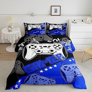 Cartoon GameÂ Controller Comforter Set Twin Size 2 Pcs Black Blue Plaid Stars Lightning Decor Comforter for Kids Boys Teens Adults Modern VideoÂ Game Gamer Bedding Set with 1 Pillowcase+1 Comforter