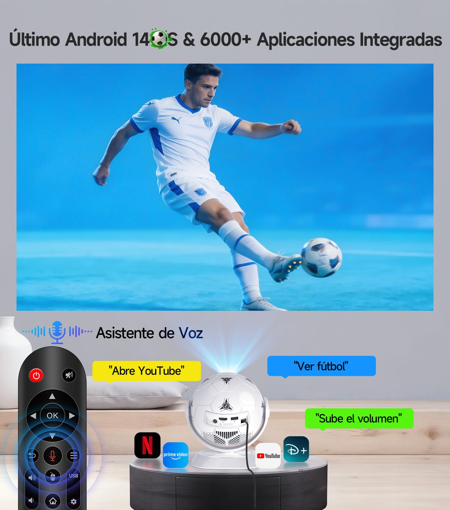 Magcubic Mini Proyector Portátil 4K 1080P Support, Diseño Fútbol 360° – Proyector Móvil Cine en Casa WiFi 6 Bluetooth 5.4, Auto Keystone, Tiro Corto, Altavoz 15W para Smart TV, Android 14 HY300F