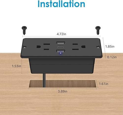 Miniatura 3 de HHSOET Regleta de alimentación de carga rápida de 20 W con USB-C, 2 enchufes de CA, 2 puertos USB, cable de alimentación de 10 pies, color negro