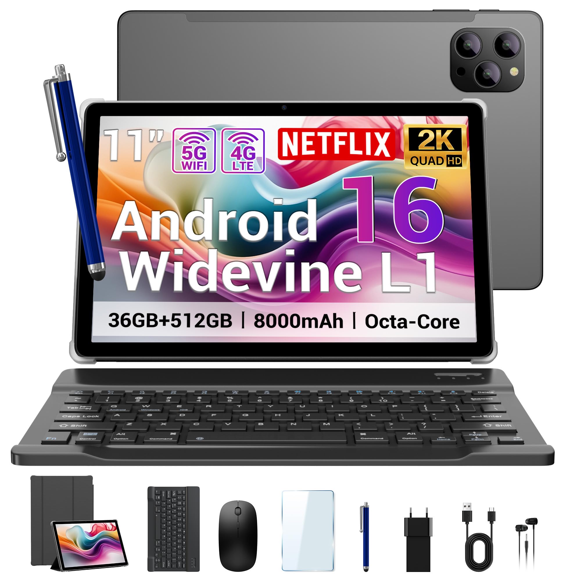 DRIVNEXT Tablet 11 Pollici Android 16 Tablet,Octa-Core 2.0Ghz,Doppio SIM 4G LTE+5G WiFi,36GB RAM+512GB ROM/8000mAh/Face Unlock/OTG/GPS-Tablets in Offerta con Tastiera e Mouse,Grigio